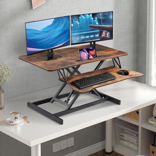 38-Inch Height Adjustable Standing Desk Converter, Sit to Stand Workstation with Dual Monitor & Laptop Riser, Wide Keyboard Tray, Perfect for Home, Office, School, Black/Brown - Image 2