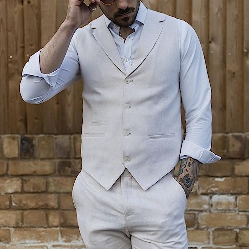 Linen Vest for Men Slim Fit Single Breasted Summer Beach Wedding Groom's Waistcoat with Real Pockets for Daily Wear (Color : Gray, Size : Medium)2