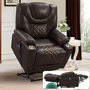 PUG258Y Lift Chair for Elderly: 9988 High Density Foam Lay Flat Heat and Massage, Reclining to 180, 2 Pockets Cup Holders, 2 Remote Controls, Dual OKIN Motors – Breathable Leather Reddish Brown