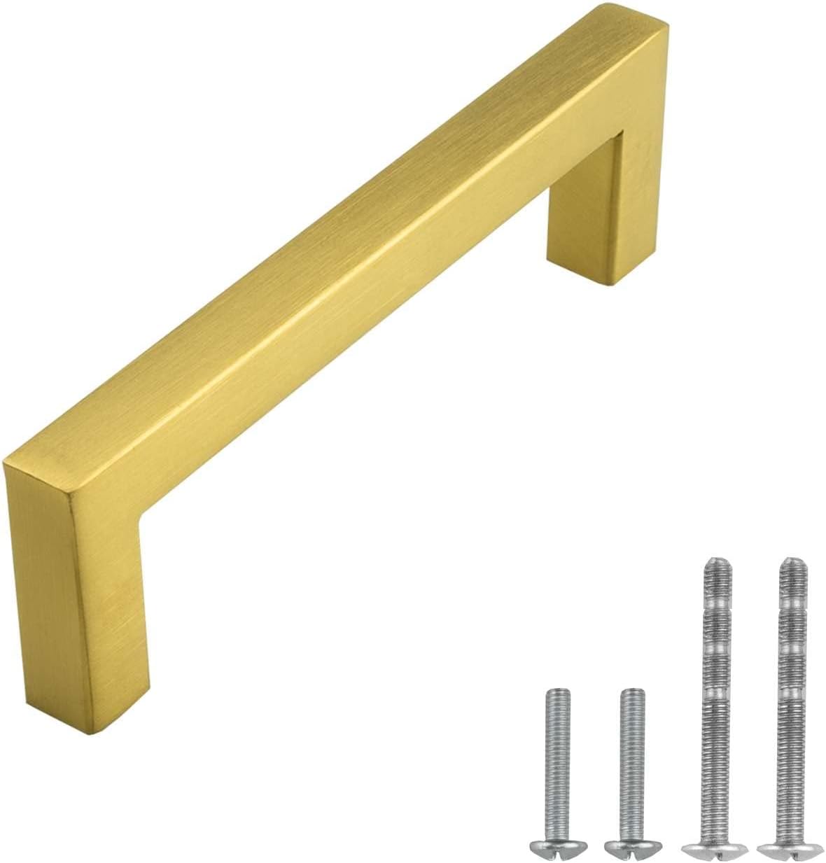 5 Pack Euro Square Cabinet Handle 304 Stainless Steel — 4-1/8 Overall Length, 3-3/4 (96mm) Hole Centers, Brushed Satin Brass Gold
