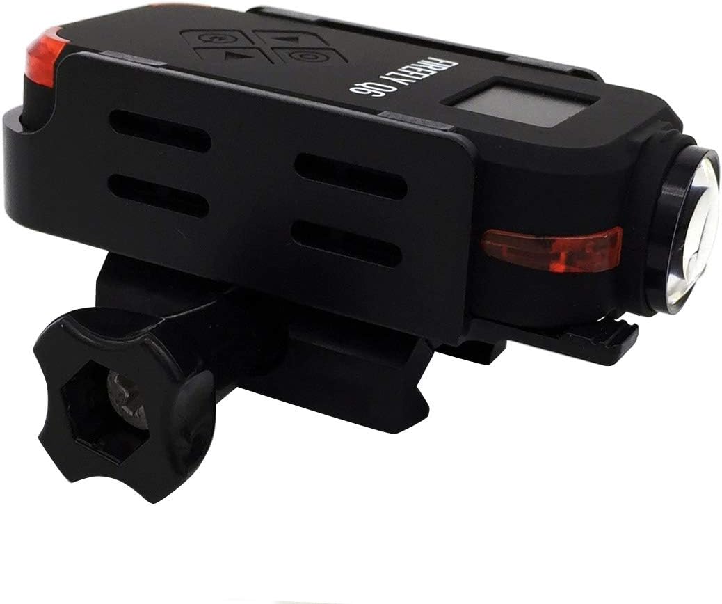 Fronte angulada view of the black Zephis Hawkeye Firefly Q6 camera with rail mount