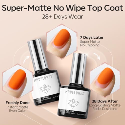 Image of modelones 2PCS Matte Gel Top Coat Chrome Proof, Powder-Resistant No Wipe Velvet Finish Clear Gel Polish For Nail Art Painting Chrome Isolation Long Lasting DIY U V Manicure Gift for Women