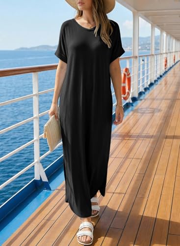 Image of Dokotoo Summer Dresses for Women 2026 Casual Maxi Dress V Neck Cap Sleeve Long Sundress with Pockets Beach Vacation
