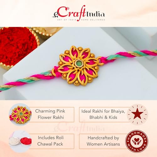 Image of eCraftIndia Beautiful Pink Flower Designer Rakhi for Brother with Gift Combo Set | Raksha Bandhan Rakhi for Bhaiya Bhabhi Bhai Kids Boy | Best Bro Ever Fridge Magnet | Roli Chawal Pack