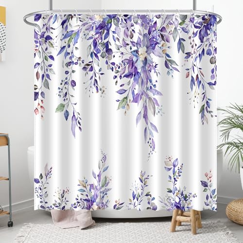Image of Eucalyptus Shower Curtain, Abstract Aesthetic Art Watercolor Plant Leaves with Floral Bathroom Decor, Waterproof Fabric Cloth Bath Curtain Set with Hooks (Purple, 72x72 Inches)