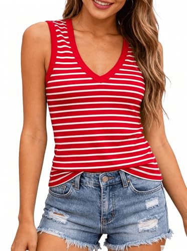 Image of Prettywear Deep V Neck Tank Tops for Women 2026 Summer Fashion Clothes Sexy Casual Ribbed Fitted Sleeveless Going Out Tops