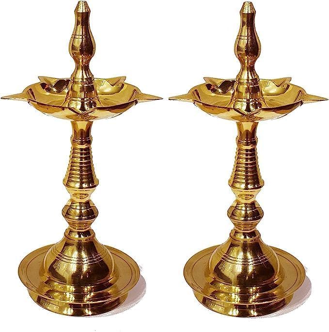 SATVIK 7 Inch Standing Brass Metal Kerala Samai Diwali Deepak for Puja Traditional Panchmahal Pooja Deepam Diya Oil Lamp Kutthu Vilakku Dia Deepawali Indian Housewarming Return Gift Item (Pack of 2)