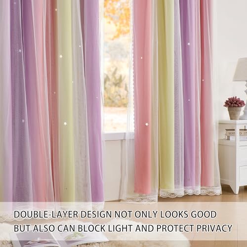Image of XiDi Pink Yellow Purple 90 Inches Curtains for Girls Bedroom 2 Panels Set, Blackout Rainbow Curtains for Kids Room Decor, Unicorn Wall Decals Drapes for Little Girl Nursery Room 52 Inches Wide