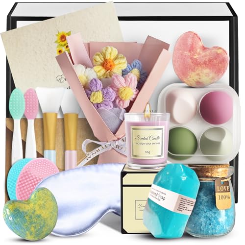 KCNVLCK 18PCS Spa Gift Set for Women – Self Care Package with Bath Bombs, Face Scrubbers, Makeup Sponges & Eye Mask – Get Well Soon Gift for Mom, Sister, Best Friend