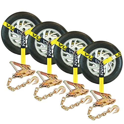 Big Sale VULCAN Car Tie Downs with Chain Anchors - Lasso Style - 2 Inch x 96 Inch, 4 Pack - Classic Yellow - 3,300 Pound Safe Working Load