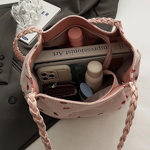 Corduroy Tote Bag Strawberry Soft Slouchy Corduroy Tote Bag With Strawberry Print Cute Large Shoulder Purse with Chain Strap4