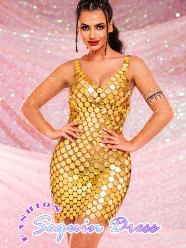 BODIY Gold Dot Sequins Chainmail Dress Sparkly Slip Mini Dresses Club Sleeveless V Neck Dress for Women2