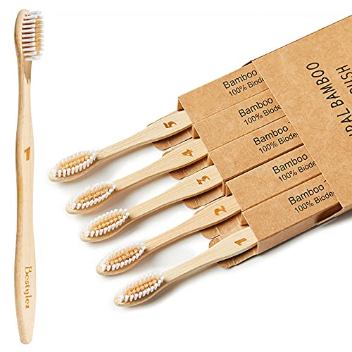 Bamboo Wooden Toothbrushes - Medium Soft Nylon Bristle - Natural Biodegradable Eco Friendly Toothbrush (Adult 5 Pack White)