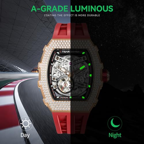 Image of TSAR BOMBA Men's Automatic Watch Tonneau Luxury Skeleton Watches for Men Mechanical 50M Waterproof Analogue Watches Mens Unique Cool Square Big Face Dial Wristwatch with Silicone Strap Band