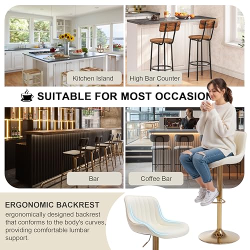 Set de 2 Butacos Kiztir de Terciopelo Beige con Base Dorada Modernos con Respaldo y Descansapiés Ajustables para Barra de Cocina miniatura 6