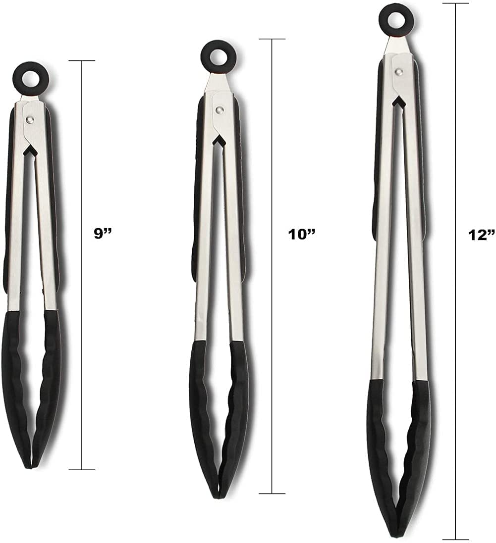 Lot de 2 Pinces de Cuisine Noires en Silicone de qualité supérieure sans BPA antiadhésives en Acier Inoxydable pour Barbecue, Cuisson, grillades, Pinces Alimentaires verrouillables
