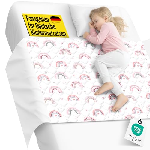 SpielLieb® Bettunterlage wasserdicht Kinder | Atmungsaktive Inkontinenzunterlage waschbar mit Einschlagtuch | Oeko-TEX Zertifiziert | Perfekt passend für deutsche Einzel- & Kinderbetten (Regenbogen)