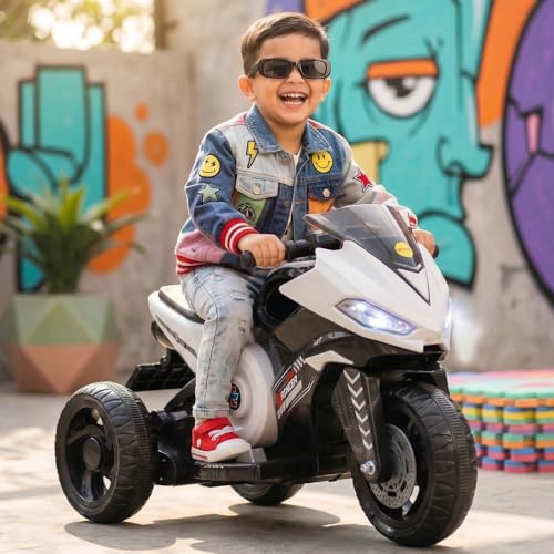 Image of Toyzone Ranger Electric Bike (White) | 6V Rechargeable Bike for Kids with 4.5Ah Battery | LED Lights, Music, MP3 /USB /BT | Smooth Acceleration | 6M Battery Warranty | Age 2-8 Years, Up to 35kg