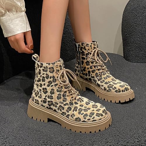 Combat Boots Womens,Leopard Boots for Women,Women's Lace up Y2K Ankle Combat Boots Chunky Fashion Booties Shoes,Platform Cheetah print Boots for Women,Women's Combat Boots Dressy2