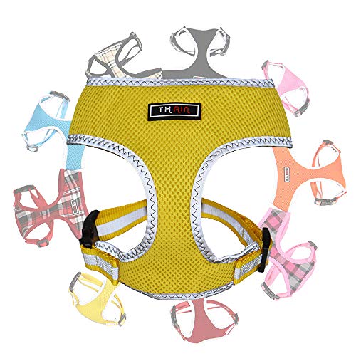 THAIN 犬 ハーネス 小型犬 胴輪 小型犬 猫 ハーネス ベストハーネス 犬 ペット用品 3M反射材料 訓練 ナイロン製 小型犬に向け 通気性 調節可能 (S, イエロー反射)
