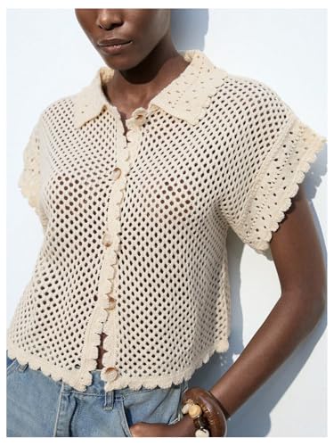 GORGLITTER Women's Summer Oversized Cardigans Short Sleeve Lightweight Button Up Crochet Tops2