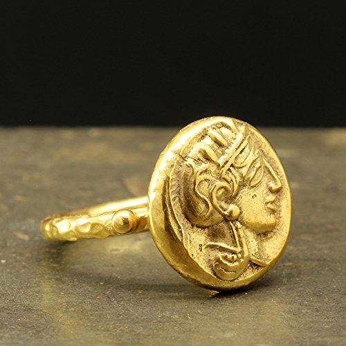 Miniatura 2 de Caprixus Signet Ring 925 Sterling Silver Ring Ancient Greek Athens Athena Coin Ring 24K Gold Vermeil Designer Handmade Rings for Women Hammered