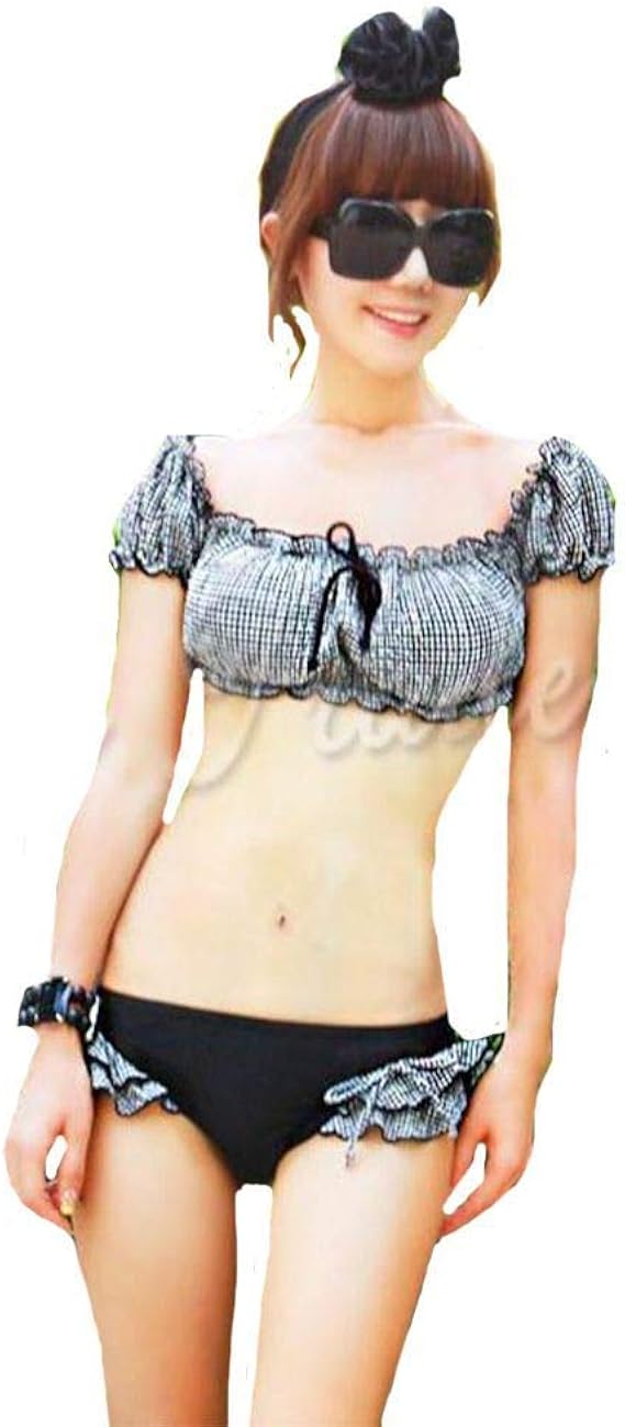 Amazon レディース水着 ギンガムチェック パフスリーブ フリルビキニ ビキニ セパレーツ 通販