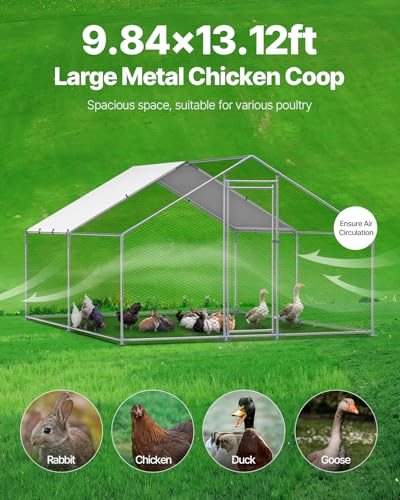 VEVOR Large Metal Chicken Coop, 9.8x13.1x6.5 ft Large Walk in Chicken Runs for Yard with Cover, Hen House Enclosure with Security Lock, Outdoor Duck Rabbit Cage Poultry Pen for Backyard, Farm, Yard