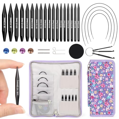 Coopay Juego de agujas de tejer cortas intercambiables, agujas de tejer circulares de 2 pulgadas para calcetines, 9 pares de agujas de tejer intercambiables de 3 mm a 6 mm, aguja de tejer redonda con