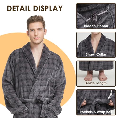 Men's Fleece Plush Bathrobe Full Length Big and Tall Shawl Collar Plaid Men Robe(Grey&Black, 7XL)3