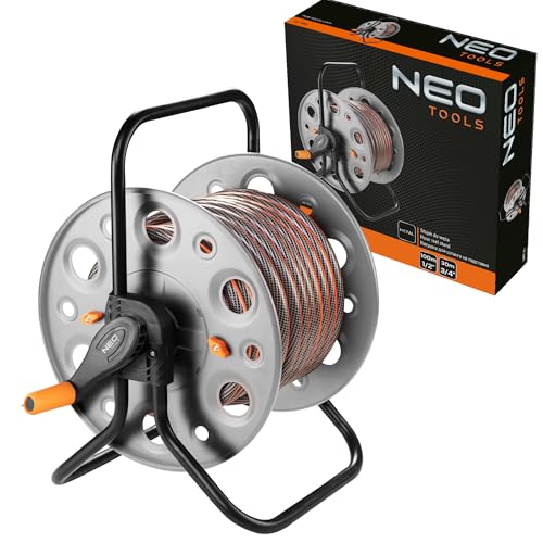 NEO TOOLS Schlauchtrommel bis 100 m Gartenschlauch (1/2) - Grau/Orange Schlauchhalter aus aus Metall | Verhindert Schlauchknicken Stabil und Langlebig