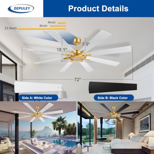 Image of Depuley Ceiling Fan Without Light: Big Indoor Outdoor Fan with Remote Control - Large Ceiling Fan no Light 8 Blade Reversible Quiet DC Motor Memory Function Timer 72 Inch White