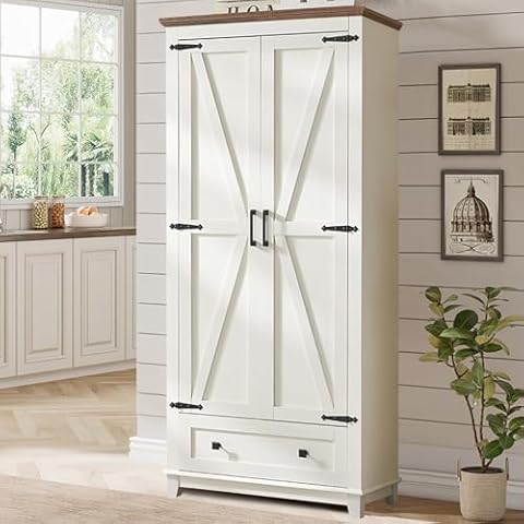 LUXOAK Farmhouse Kitchen Pantry Cabinet, 72" Tall Storage Cabinet with Adjustable Shelves & Barn Doors, Freestanding Kitchen Cupboard for Dining Room, Living Room, Barnwood+White Cover
