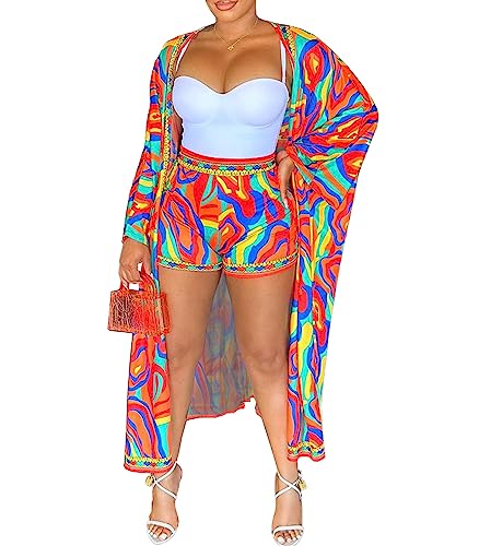 2 Piece Summer Vacation Outfits for Women Beach Cover Up 2023 Boho Tropical Chiffon Kimono Cardigan and Shorts Sets