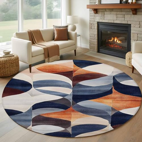 Tapete redondo 6ft azul marino naranja quemado antigolpes lavable