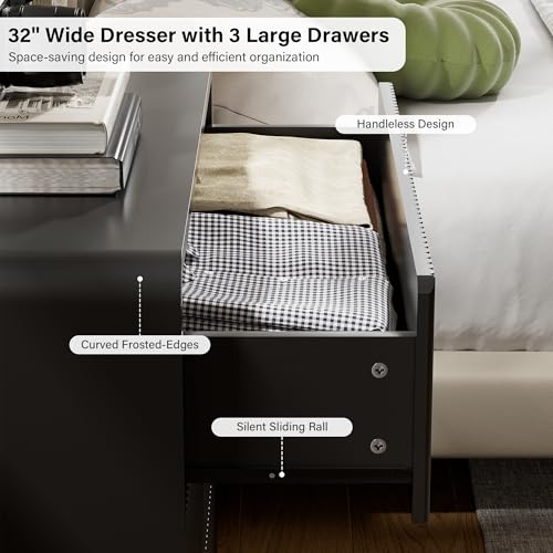 Image of Furniway Bedroom Dresser Set 3 Piece, 6 Drawer Curved Dresser with 2 Nightstands, Modern Fluted Wood Storage Cabinet, White Chest of Drawers with Pop-Up Design, Black