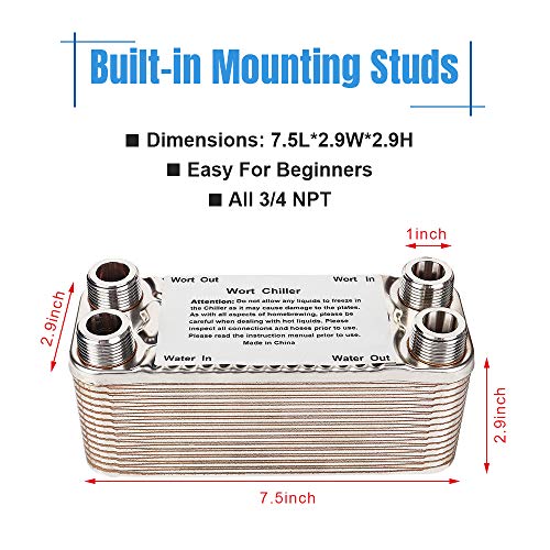 Ferroday 30 Plate Wort Chiller Stainless Steel Brazed Plate Heat Exchanger 3/4 NPT Thread Plate Chiller[7.5" x 2.9] - Thumbnail 6