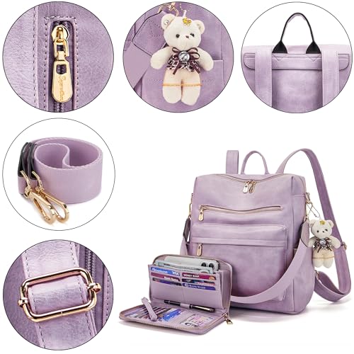 Image of Soperwillton Women Backpack Purse Shoulder Handbags Travel Bag Set 2pcs | Soft PU Leather,Large Capacity,Many Pockets,with a Functional Wallet,with a Detachable Shoulder Strap,Multipurpose Design