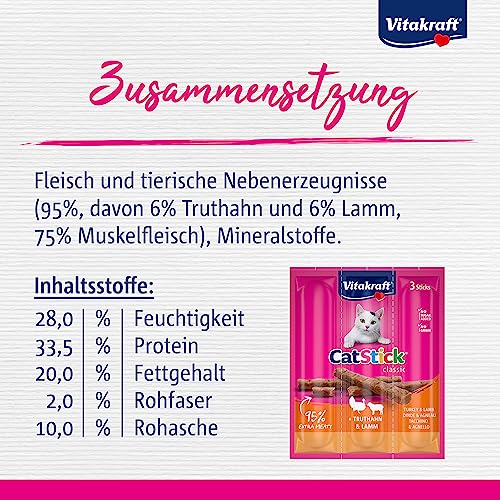 Vitakraft Cat Stick Classic, Katzensnack, fleischige Mini-Sticks, mit Truthahn und Lamm, in Vorratsgröße, ohne Zusatz von Zucker und Getreide (20x 3 Stück) 6