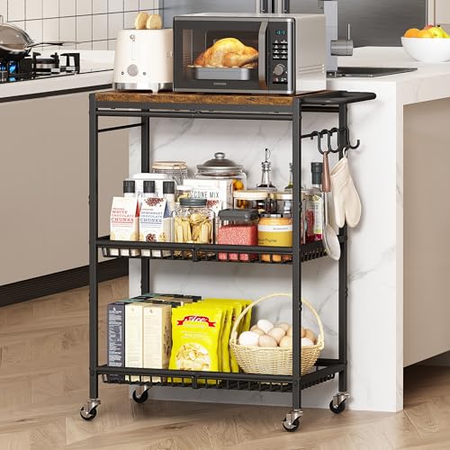 Microwave Kitchen Cart with Push Handle, 3 Tier Rolling Cart with 2 Lockable Wheels, Vintage Kitchen Storage Cart with 210Lbs Capacity for Kitchen Island, Restaurant, Coffee Bar, Living Room, Office