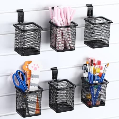 Colingmill 6 Set Slatwall Cup with Hook Black Metal Slatwall Bin Pencil Mesh Wire Holder Slat Wall Accessories for Organizing Various Tools, Garage Home Workshop Office(Square)