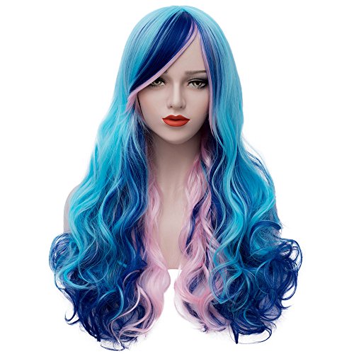 Mildiso Perücke Damen Farbe/Bunt Blau Lang Locken Perücken mit Pony Natürlich Wig/Für Frauen Anime Alltag Cosplay Kostümparty 031b