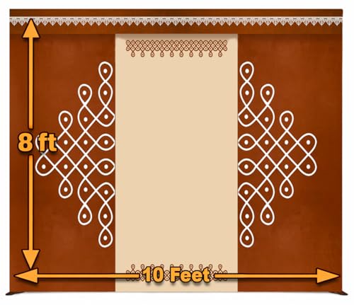 Image of FestivalBackdrops Brown Terracotta Kolam Printed Backdrop 8Ft-10Ft for Pooja & Wedding Decoration, Fully Stitched with Curtain Rod Loops | Ideal for South Indian Pooja, Festivals & Mandir Decoration