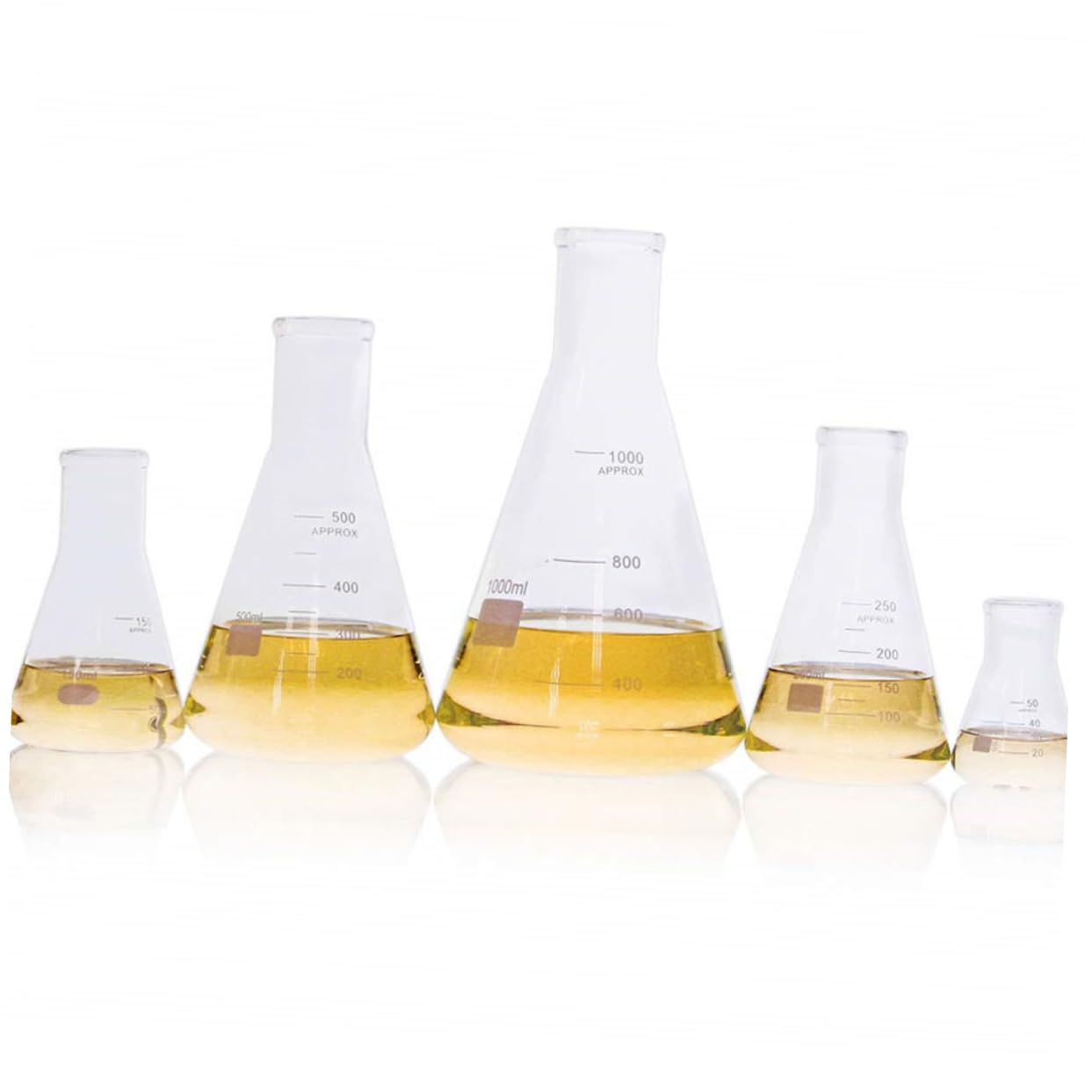 Matraz Cónico de Vidrio Borosilicato Alto 5 Piezas | Fondo Plano, Cuello Ancho y Graduaciones Estándar, 50ml a 1000ml para Laboratorio y Química