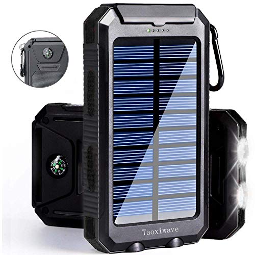 Solar Charger Solar Power Bank 20000mAh Waterproof Portable External Backup Outdoor Cell Phone Battery Charger with Dual LED Flashlights Solar Panel for iPhone Android Cellphones (Black)