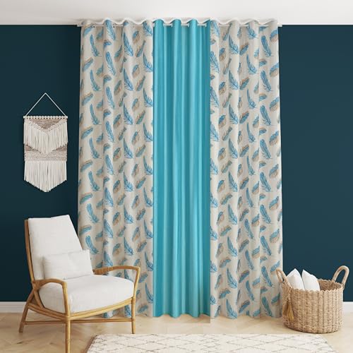 Image of DEVSANG Polyester (2 Print and 1 Solid) Grommet Curtains for Door 7 Feet Long Set of 3, Aqua, Fade Resistant | Light-Filtering