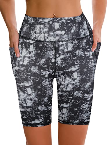 Apexup Workout Shorts, 8" Biker Shorts Women High Waist, Spandex Yoga Shorts With Side & Inner Pockets (Tie-Dyed Black-1Pk, Large) #TOP3