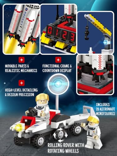 Image of 564 PCS Space Rocket Launch Control Center Building Kit with Mars Rover, Satellite & Astronaut - STEM Educational Construction Toy for Kids Ages 6-12 | Rocket Ship Building Block