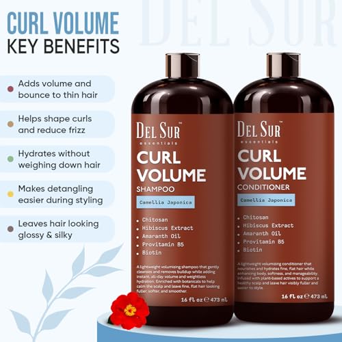 Image of DEL SUR Curly Hair Shampoo and Conditioner Set | Curl Defining, Volume & Hydration | 16 fl oz Each | with Camellia Japonica, Hibiscus & Amaranth Oil | For Curly, Wavy & Coily Hair | Women & Men