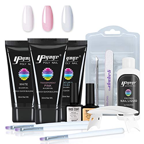 Yayoge Poly Extension Gel Nail Kit - 3 Tubes 30ml Builder Gel Poly Gel Nail Kit with UV Lamp Slip Solution Top Coat Base Coat Gel Nail Enhancement All-in-One Nail Builder Gel French Manicure Kit